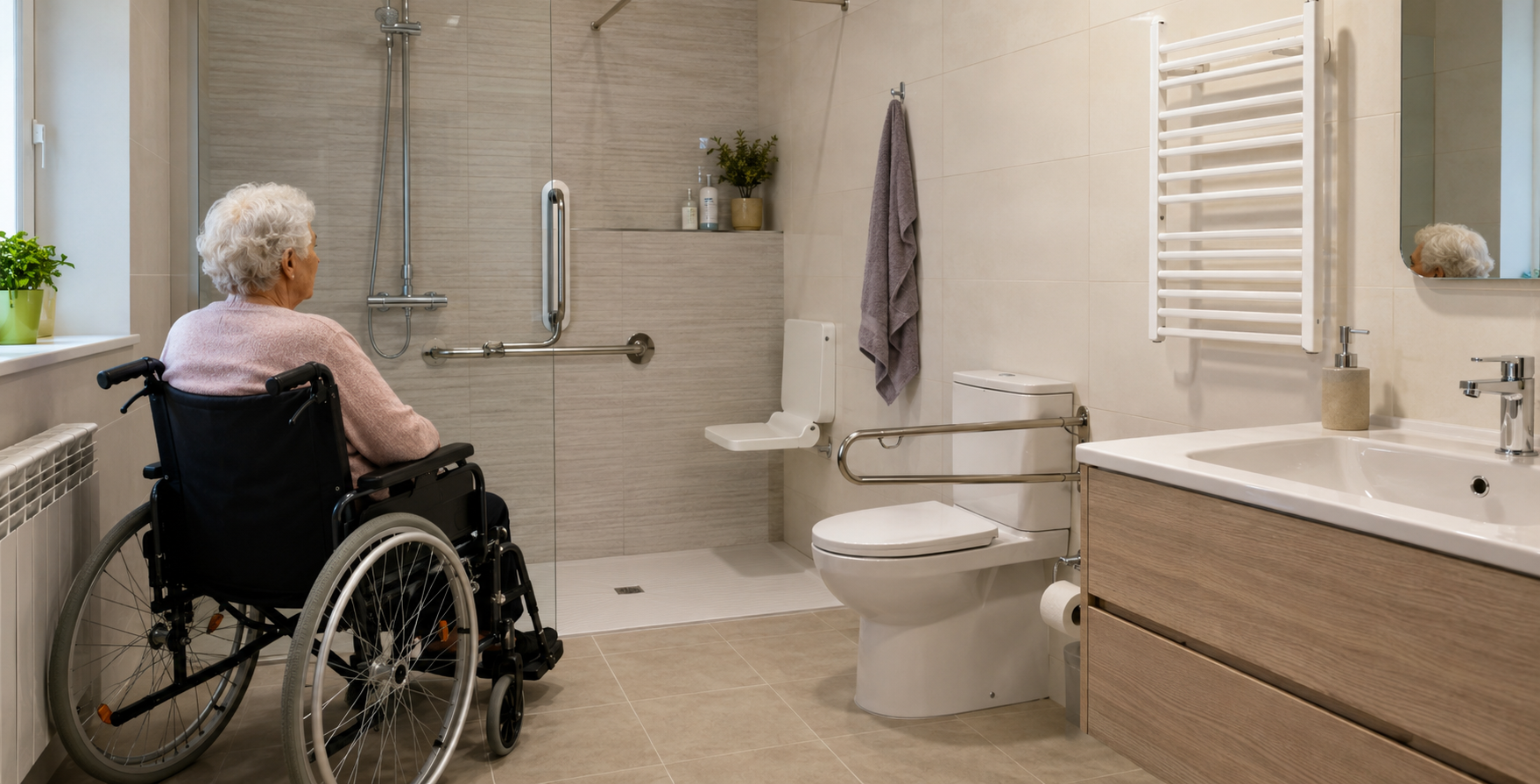 Señora en un baño adaptado