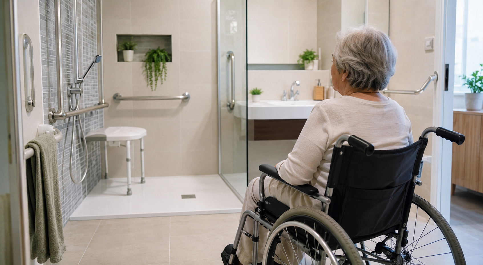 Señora en silla de ruedas en un baño adaptado